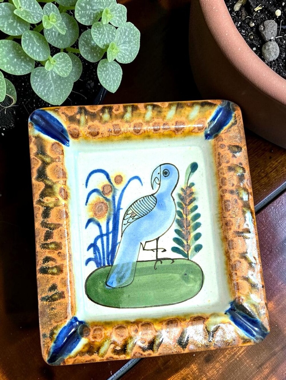 Mateos Family Tonala Pottery Ashtray Trinket Dish Pale Blue Bird 70s 80s Mexico